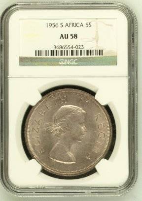 1956 SA Union Silver 5 Shilling (Crown) NGC Graded AU58 # LUSTROUS # R1 Start