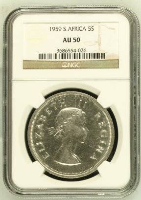 1959 SA Union Silver 5 Shilling (Crown) NGC Graded AU50 # KEY DATE # R1 Start