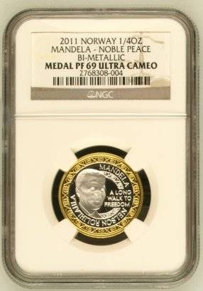 2011 Mandela Nobel Peace Prize Bi-Metallic 1/4 Oz Gold 24 Carat NGC PF69 | INCLUDES ORIGINAL BOX |