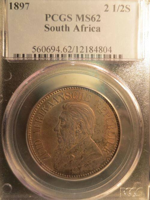 1897 ZAR SILVER 2.5 SHILLING (HALFCROWN) PCGS GRADED MS62 | PERFECT UNC | FUN SUNDAY |