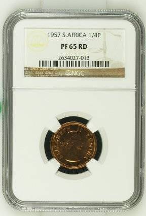 1957 SA Union Quarter Penny NGC Proof 65 RED | BLAZING MINT RED | Mintage: 1130 Only | KEY DATE |