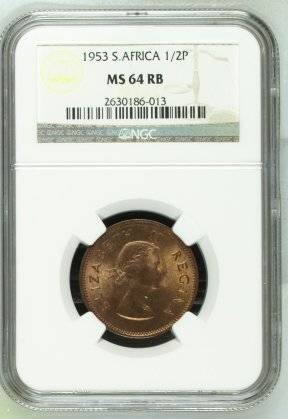 1953 SA Union 1/2 Penny NGC Graded MS 64 RB