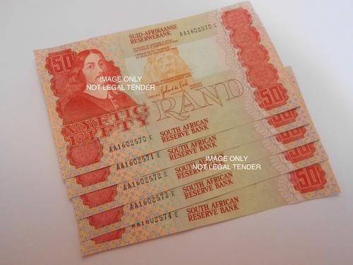 5 X 1984 G.P.C DE KOCK FIFTY RAND NOTES UNC IN SEQUENCE | THIRD ISSUE |