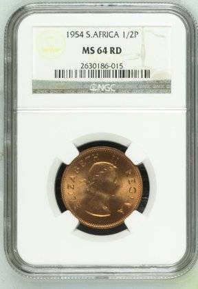 1954 SA Union 1/2 Penny NGC Graded MS64 RED - MINT RED