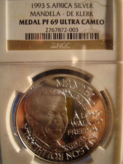 1993 Nelson Mandela & FW De Klerk 1oz Silver Medal NGC PF69 @@@ Superb Gem @@@ R1 Start