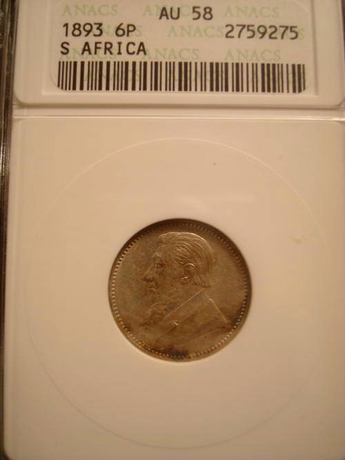 1893 ZAR 6 Pence ANACS AU58 - Herns Price in UNC is R35000-00 @@@ Ultra Rare this Nice @@@ R1 Start