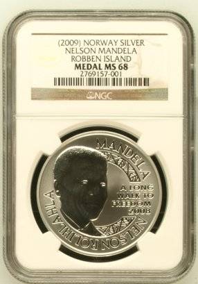 2009 Nelson Mandela  - Robben Island 1oz Silver Medal NGC MS68 @@@ Ultra Rare @@@ R1 Start