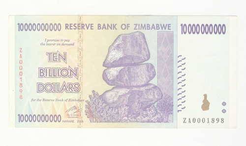Zimbabwe 10 billion dollars banknote with number ZA0001898
