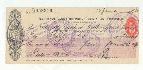 1936 Barclays Bank cheque  to Shell Co. - Boshof Orange Free State for 44 pounds