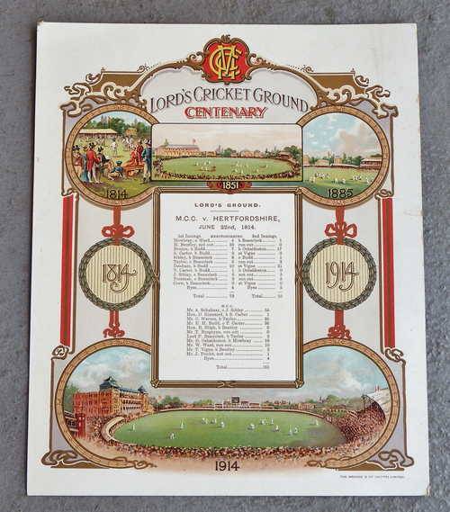 LORDS CRICKET GROUND CENTENARY 1914 game poster - Scarce item