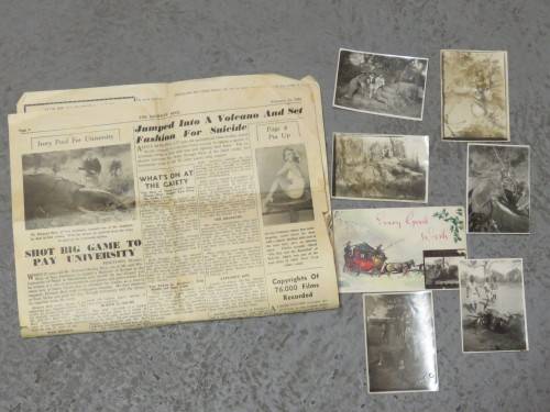 Lot of 7 antique/vintage hunting photos plus newspaper clipping