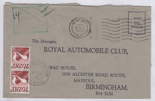 Cover sent from Newport, Wales to the Royal Automobile Club, Maypole, Birmingham