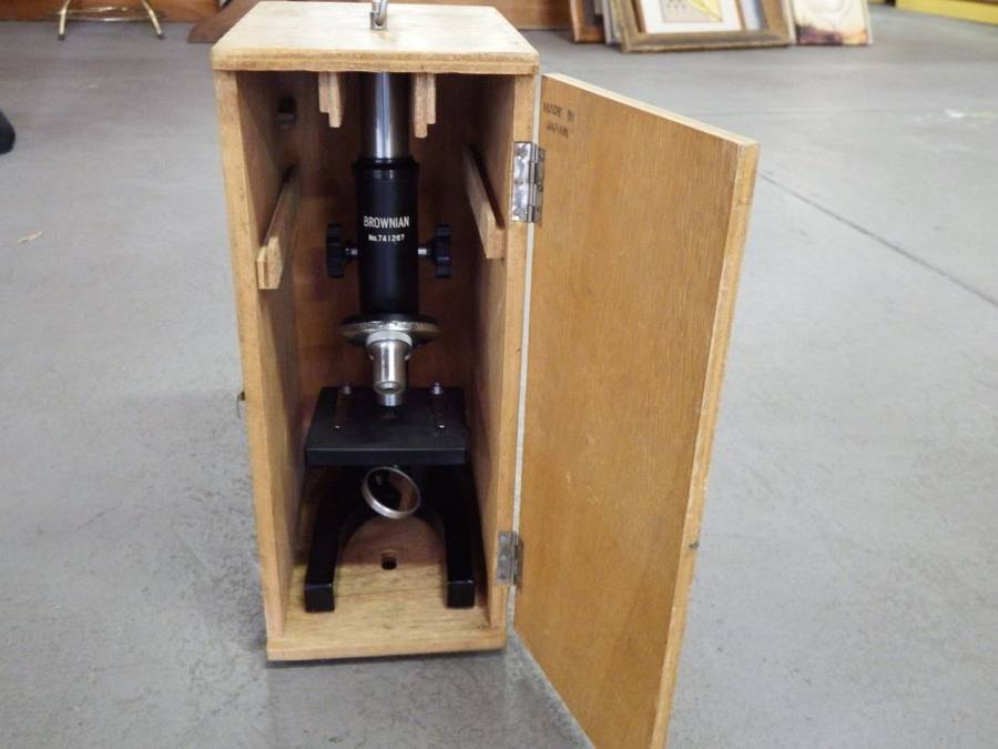 Vintage Brownian microscope in wooden case