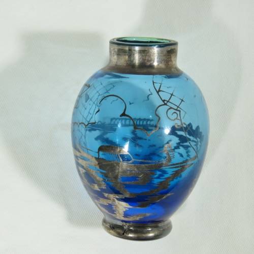 Mini blue glass urn with silver cladding