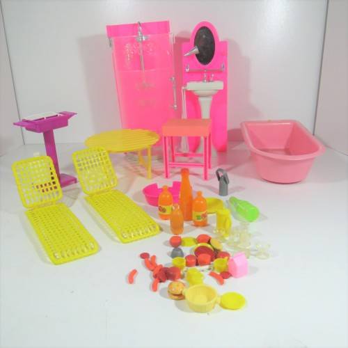 Vintage doll's furniture - Gas braai, Side table, Outdoor table, 2 loungers, cat's bed, bath, shower