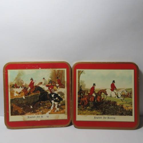 Set of 6 vintage traditional English for Hunting coasters - Two are damaged