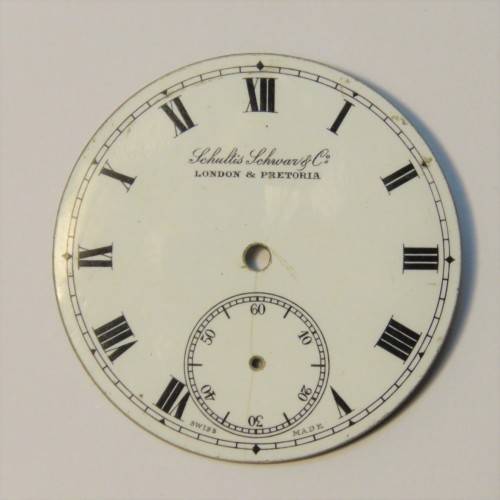 Schultis Schwar & Co London & Pretoria pocket watch enameled face - Fine crack but ok