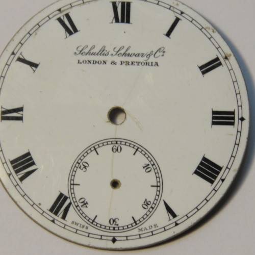 Schultis Schwar & Co London & Pretoria pocket watch enameled face - Fine crack but ok