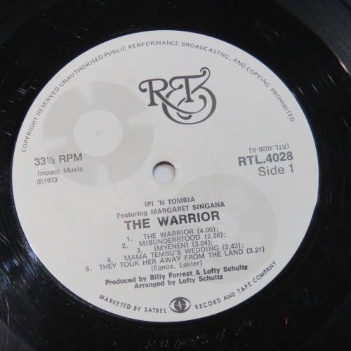 Vintage Vinyl Music Record LP 33 rpm The Warrior Ipi `N Tombia Margaret Singana 1973