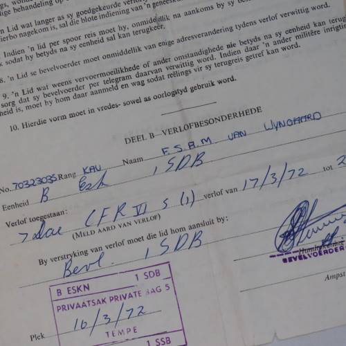 Lot of SADF kit issue documents of FJAM van Wyngaard