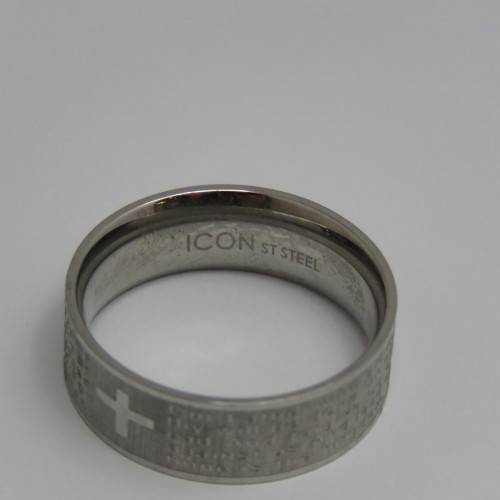 Icon stainless steel mens ring with `Our Father` prayer and cross