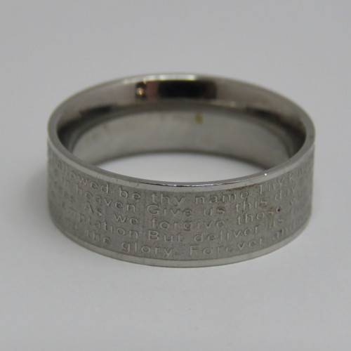 Icon stainless steel mens ring with `Our Father` prayer and cross