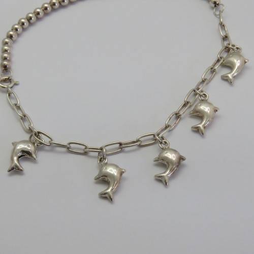 Sterling silver bracelet with dolphin charms - Weighs 10,8 g - Length 24 cm