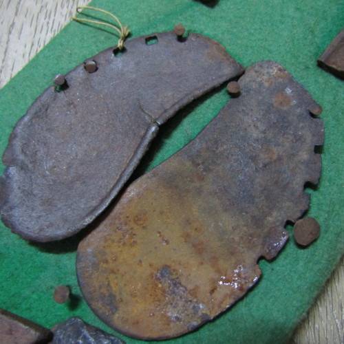Board with antique horseshoes, some for oxen and ponies originating from South West Africa