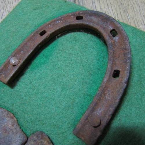 Board with antique horseshoes, some for oxen and ponies originating from South West Africa