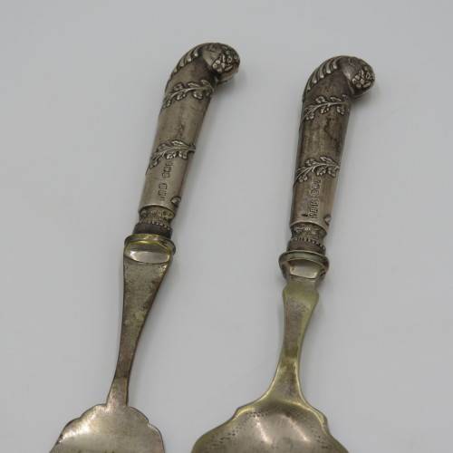 Antique Jam Spoon and relish fork set with hallmarked silver handles