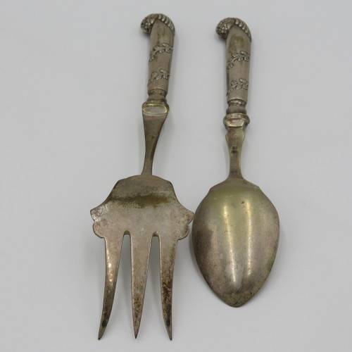 Antique Jam Spoon and relish fork set with hallmarked silver handles