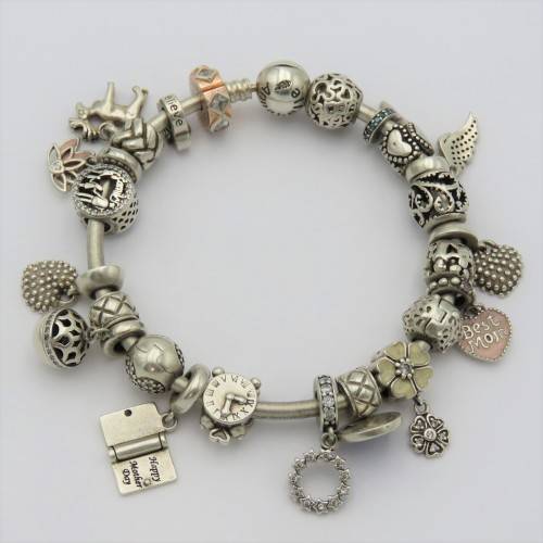 Annabelle sterling silver charm bangle/bracelet with charms - Weighs 61,1 grams - 18 cm