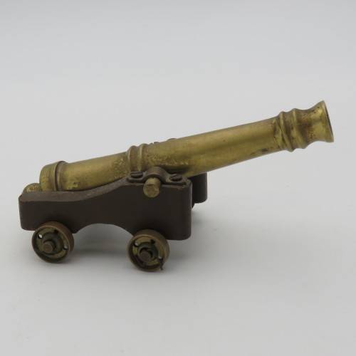 Vintage brass and wood cannon model