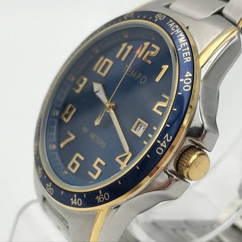 Tempo Quartz mens watch with blue dial - working