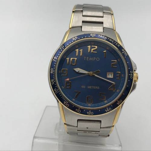 Tempo Quartz mens watch with blue dial - working