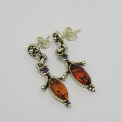 Pair of sterling silver amber earrings - Weighs 4,8 g