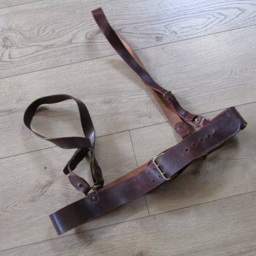 Old Sam Browne leather belt with straps - 149cm