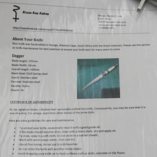 Custom made fixed blade dagger by Riaan Ras with certificate