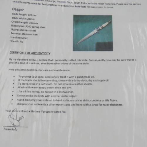 Custom made fixed blade dagger by Riaan Ras with certificate