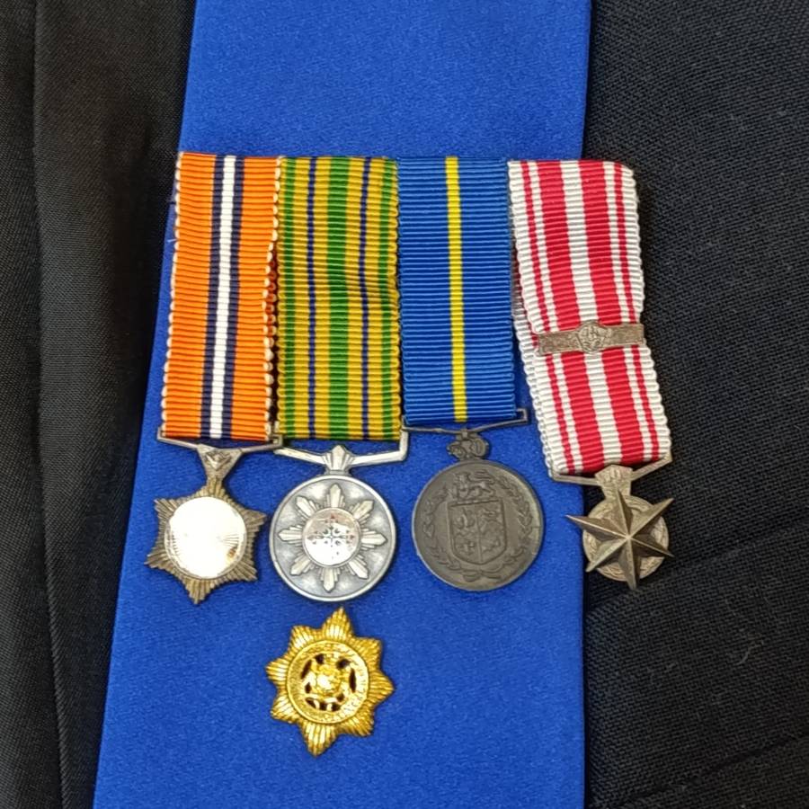 Old SA Police Brigadier mess dress with 4 miniature medals (star of merit missing front)