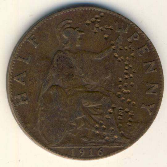 1916 British Half penny with 1932 overstamp - possibly used for dog tag ( price reduced with R10 )