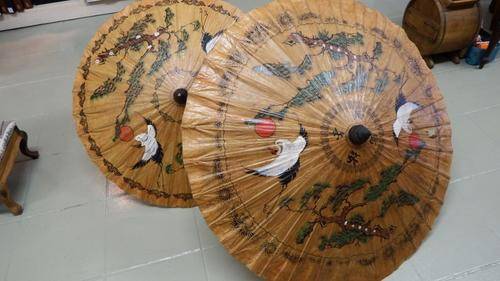 Very old pair of Japanese umbrellas both with small tear - as per photo