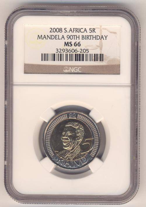 2008 South Africa R5 Mandela 90th birthday - graded MS 66 by NGC