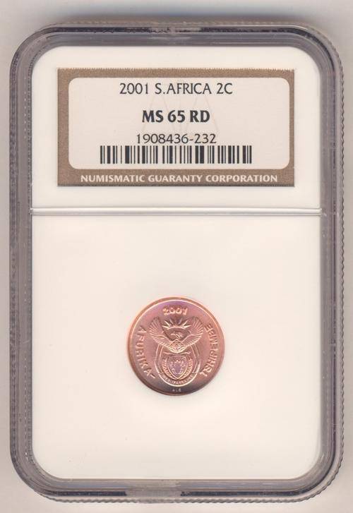 2001 South Africa 2 cent graded MS 65 RD by NGC