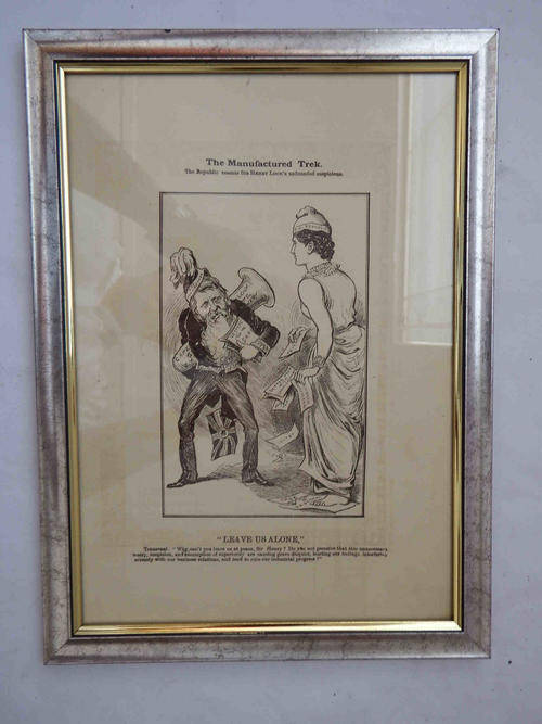 The Manufactured Trek - Leave us alone - 1891 ZAR cartoon - in frame