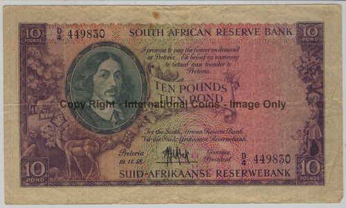 South Africa MH de Kock 10 Pounds banknote - D4 prefix - 1958 issue