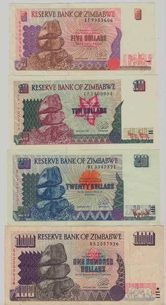 Lot of 4 Zimbabwe banknotes in excellent condition