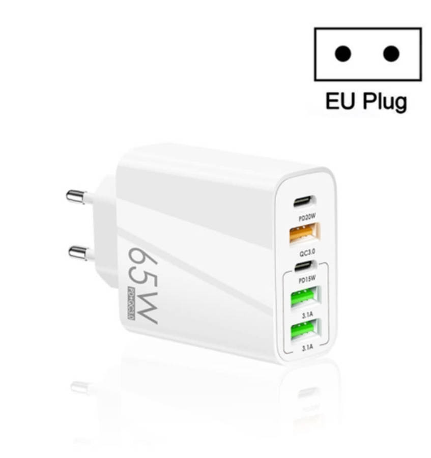 65W USB C Charger, 5-Port with Type-C PD+3USB Compatible GaN Technology Fast Charging Phone Adapter