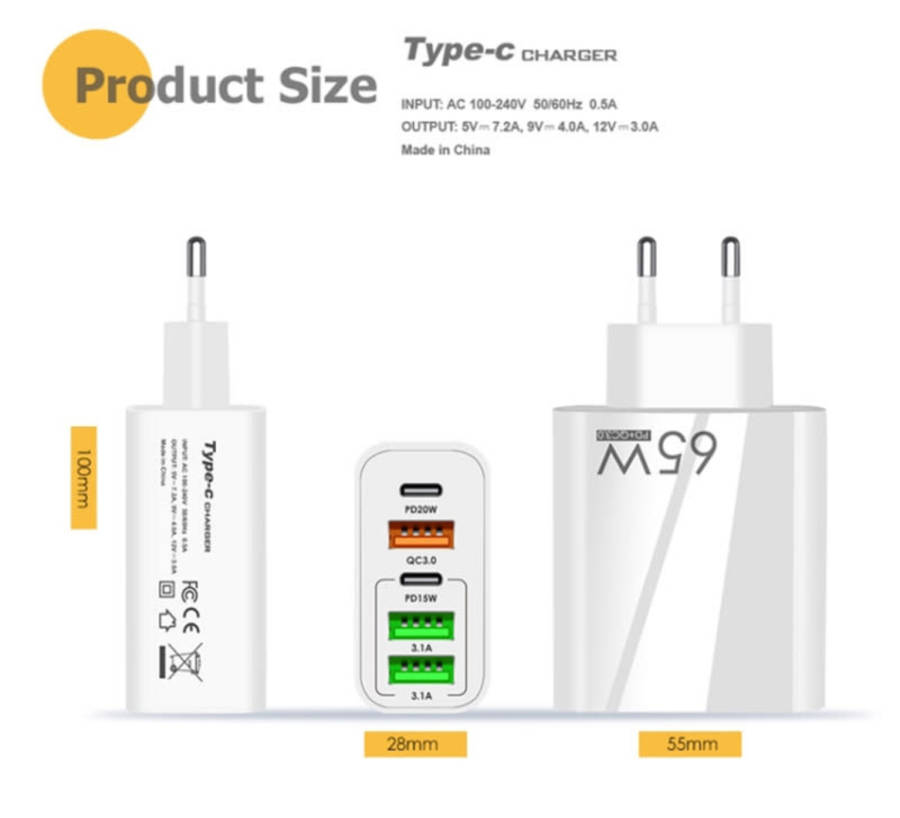 65W USB C Charger, 5-Port with Type-C PD+3USB Compatible GaN Technology Fast Charging Phone Adapter