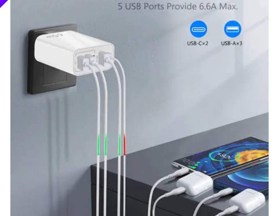 USB C Wall Charger 65W 5 Port Fast Charging Block USB C Charger